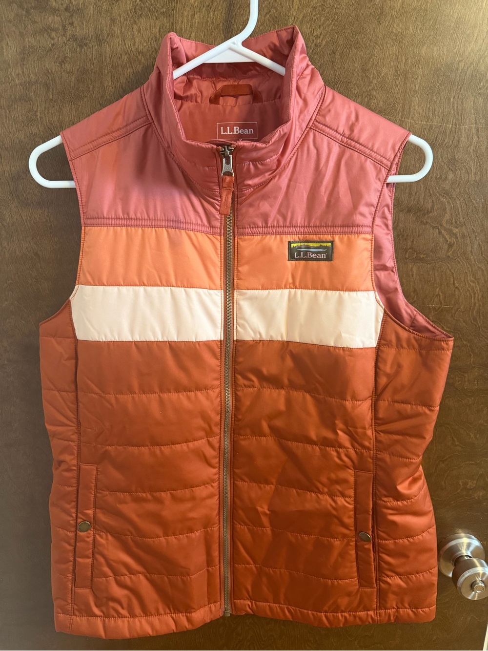 L.L. Bean Quilted Colorblock Vest in Rust, Coral & Cream